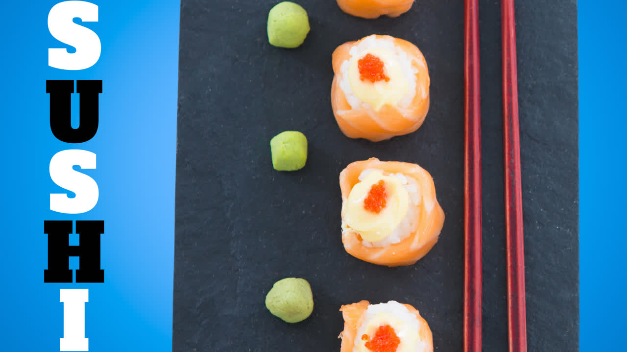 Animation von Sushi und einem Sushi-Teller mit Stäbchen auf blauem Hintergrund