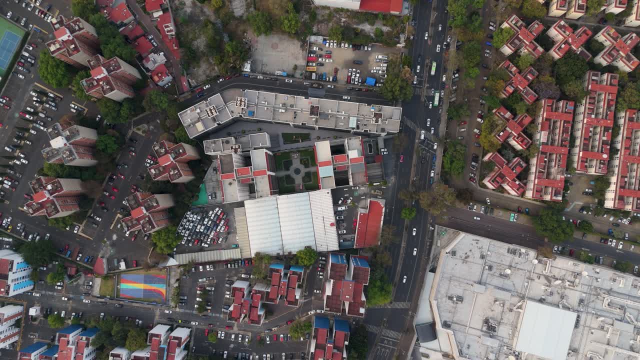 Drone footage capturing apartment buildings in Coyoacan, CDMX