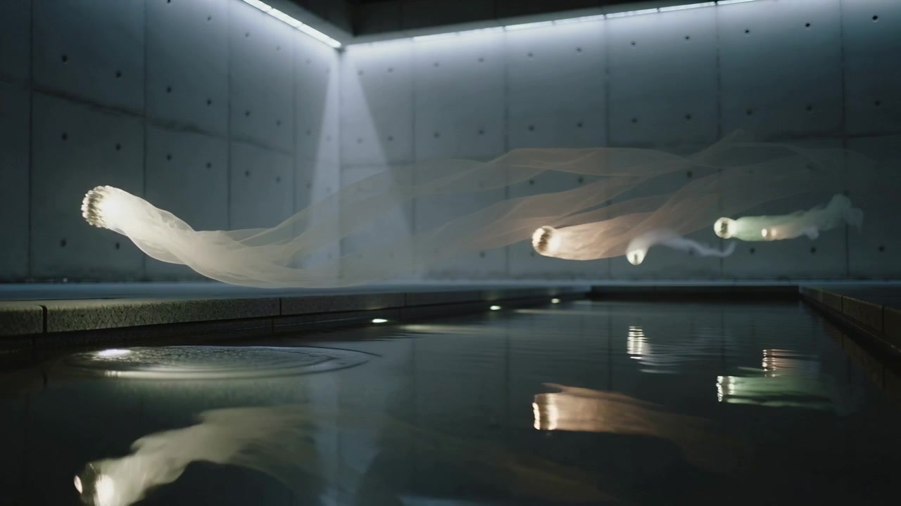 Gliding pale jellyfish sculptures crossing reflecting pool in concrete gallery after left ripple