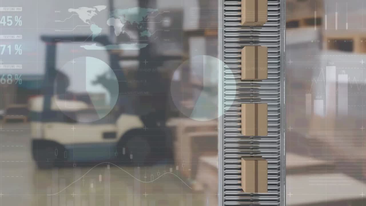 animación de estadísticas y procesamiento de datos sobre cajas de cartón en cinta transportadora