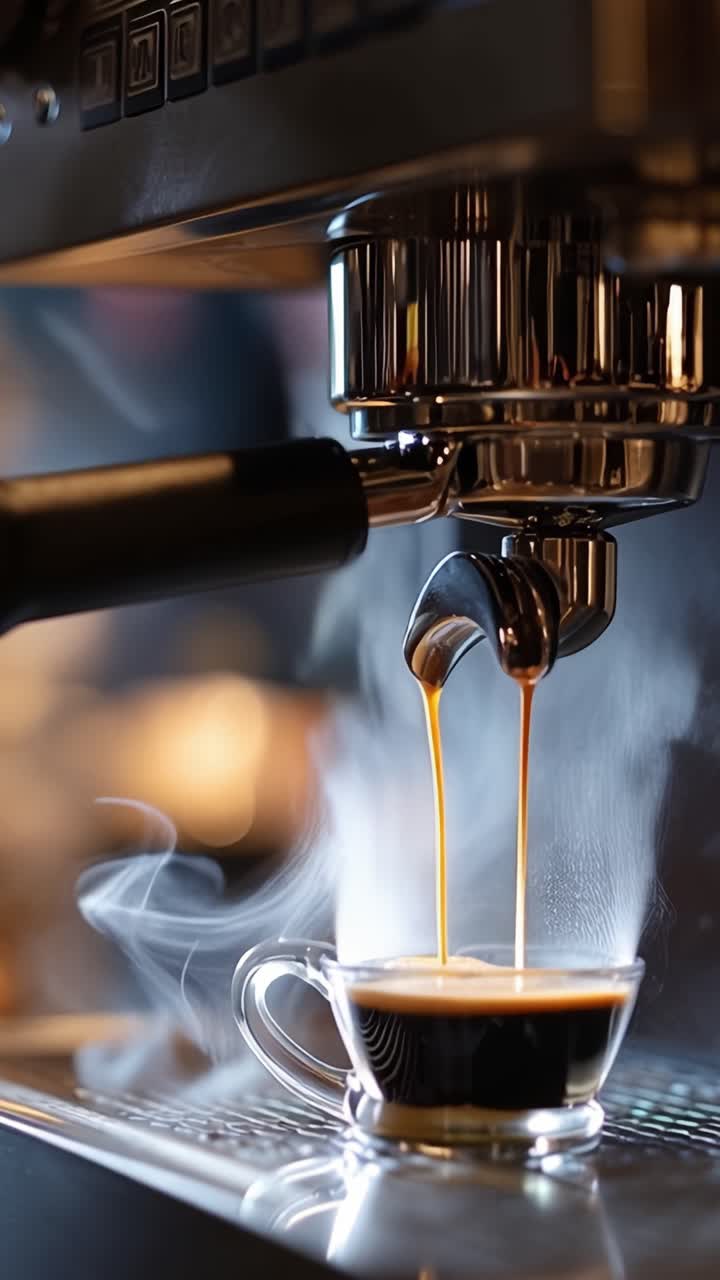 Preparazione aromatica dell'espresso: vapore accattivante e sapori ricchi creati da un barista che utilizza una macchina da caffè professionale in un accogliente ambiente di caffetteria.