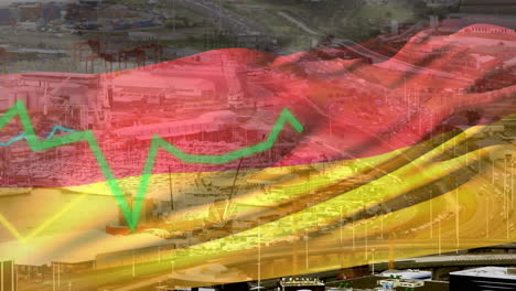 Animación-Del-Diagrama-Rojo,-Procesamiento-De-Datos-Y-Bandera-De-Alemania-Sobre-La-Ciudad