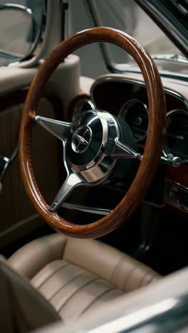 classic car interior with wooden steering wheel