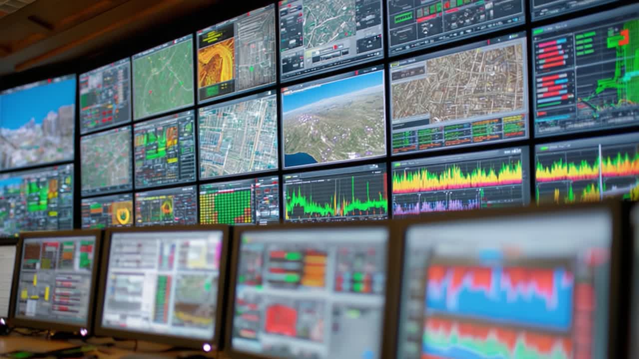Centro di monitoraggio high-tech che mostra trend di dati e analisi in tempo reale su schermi multipli per un migliore processo decisionale e analisi