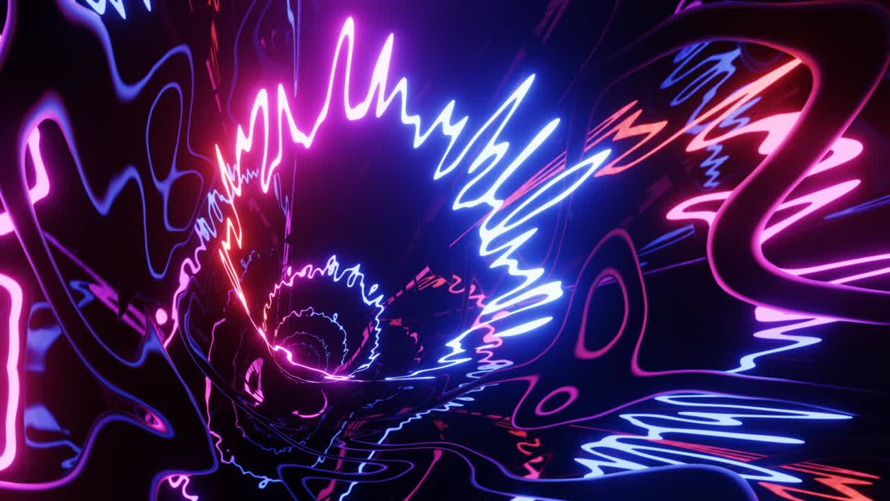 túnel de ciencia ficción de neón de alta tecnología. líneas de brillo de neón a la moda forman patrón y construcción en túnel de espejo. volar a través del ciberespacio tecnológico. fondo de juventud brillante de 4k sin costuras en bucle 3d