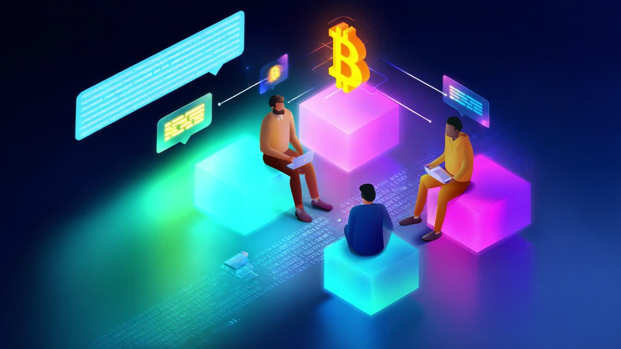A Digital Discussion on Cryptocurrency: Three Individuals Analyzing Bitcoin in a Virtual Environment Surrounded by Vibrant Blocks and Interactive Data Visuals Reflecting Modern Finance Trends