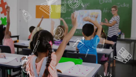 animation of school items icons over diverse schoolchildren learning with teacher in classroom