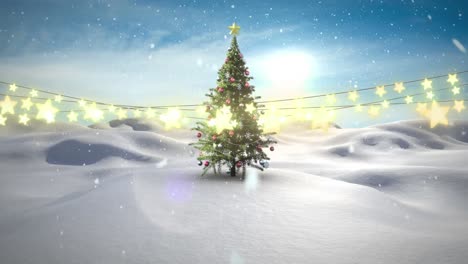 luces de hadas en forma de estrella decoración contra la nieve que cae sobre el árbol de navidad en el paisaje de invierno