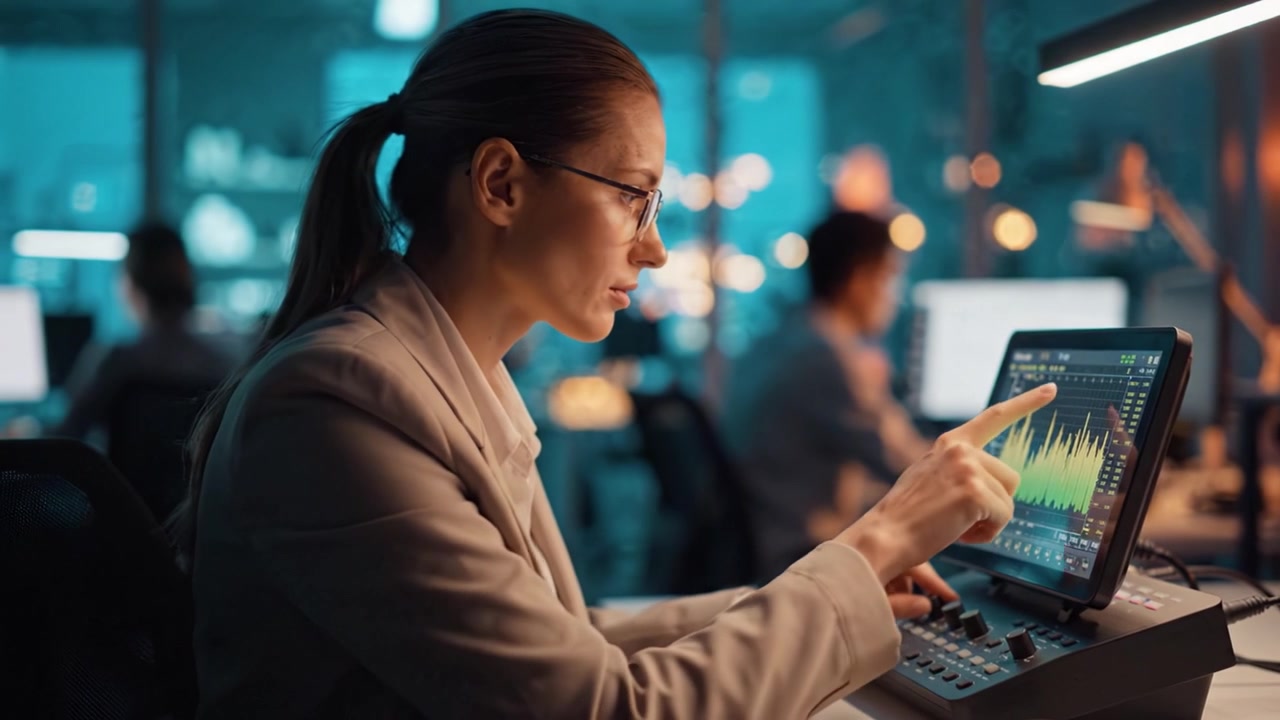 Focused Professional Analyzing Data on a Computer Screen in a Modern Office Environment with Soft Ambient Lighting