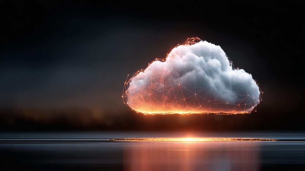 An ethereal digital cloud transformation showcasing a blend of natural elements and futuristic technology, illuminated by vibrant orange and white tones over a reflective surface