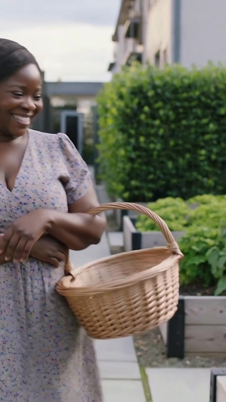 Vídeo vertical: Mulher em vestido floral, com cesto de vime, caminhando por um caminho para cuidar dos canteiros, com espaço para texto.