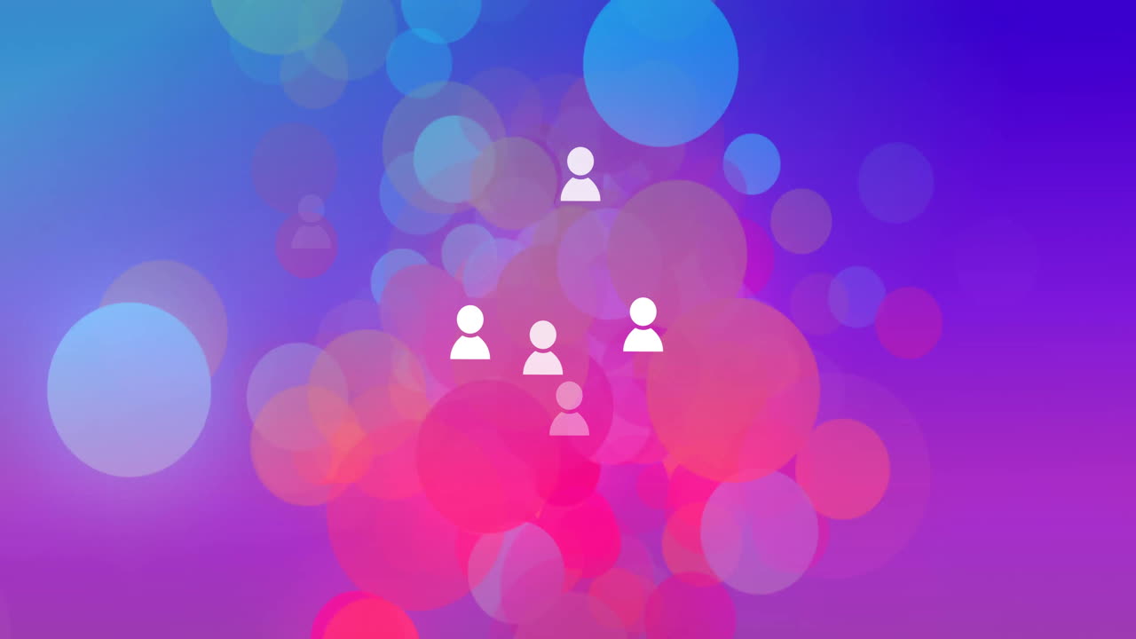 Animation of glowing light spots moving and people icons over purple background