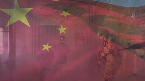 animación de la bandera de ee.uu. y china sobre varios soldados
