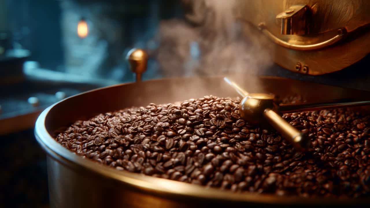 Chicchi di caffè appena tostati riempiono un elegante bacino in ottone, sprigionando un vapore aromatico che esalta il colore ricco e marrone intenso dei chicchi in un'atmosfera accogliente.