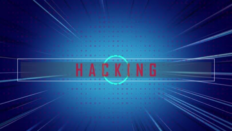 animation of hacking text in bar and looping geometric shapes over blue background