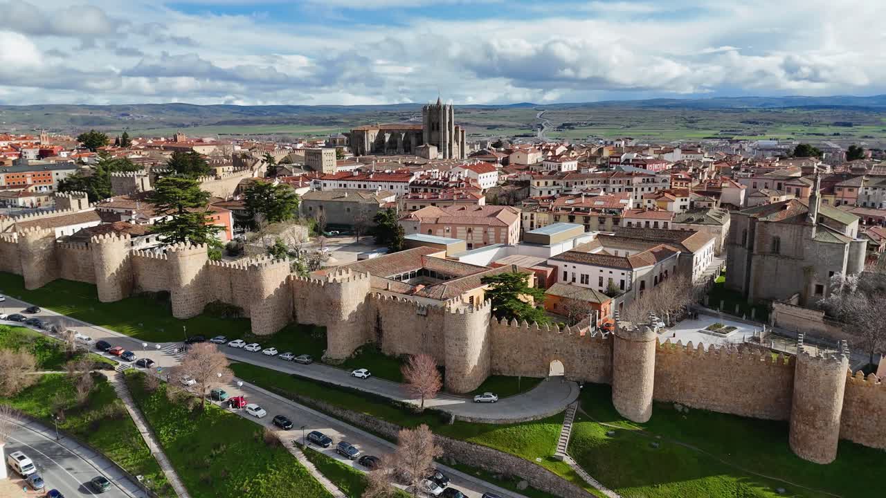 Aerial view of Ávila Spain with historic walls and cathedral