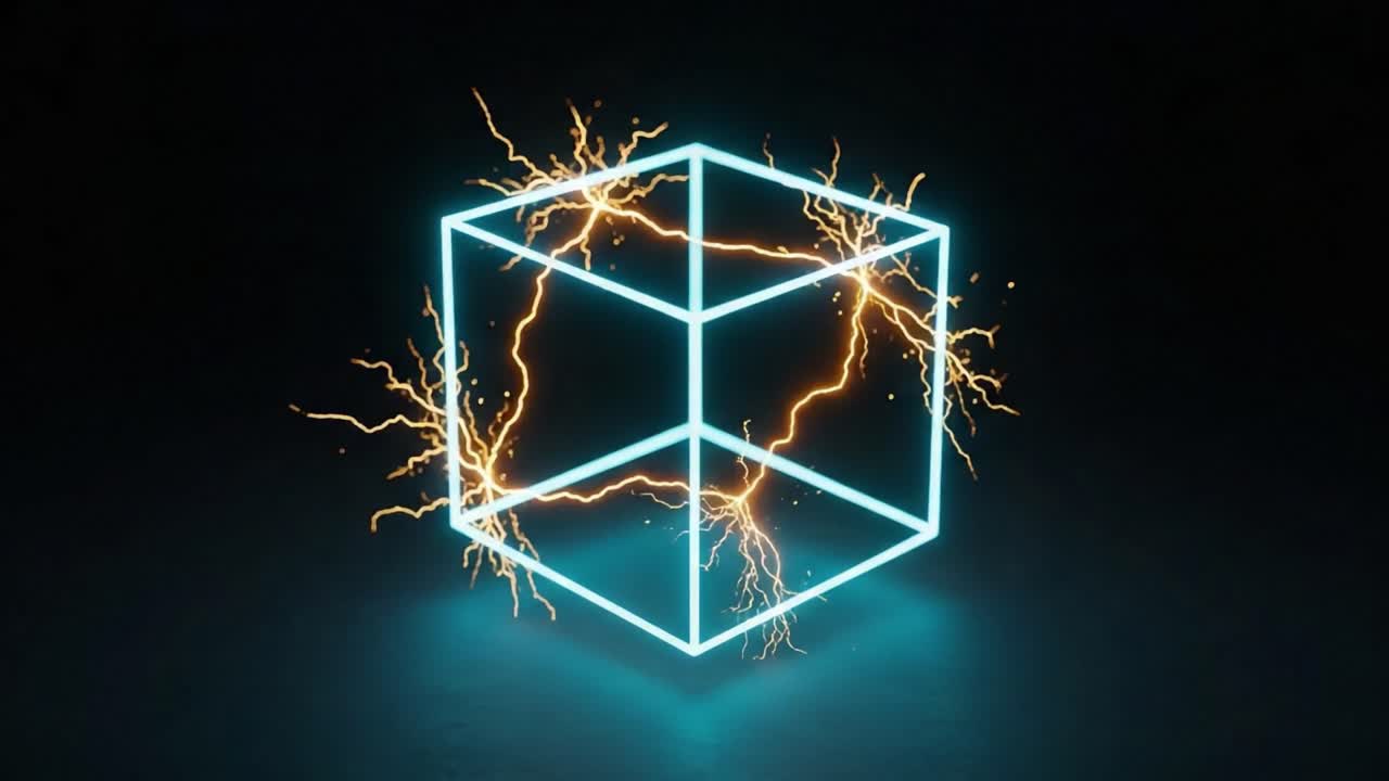 A Dynamic Energy Cube: Captivating Visuals of Electric Arcs and Vibrant Light Pulses Emanating from a Neon-Outlined 3D Shape in a Dark Space