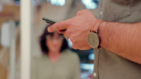 hands, phone and a business man walking through