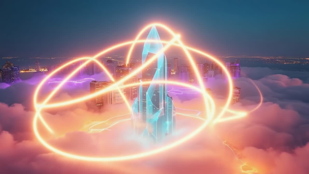 Futuristic skyscraper above the clouds at night