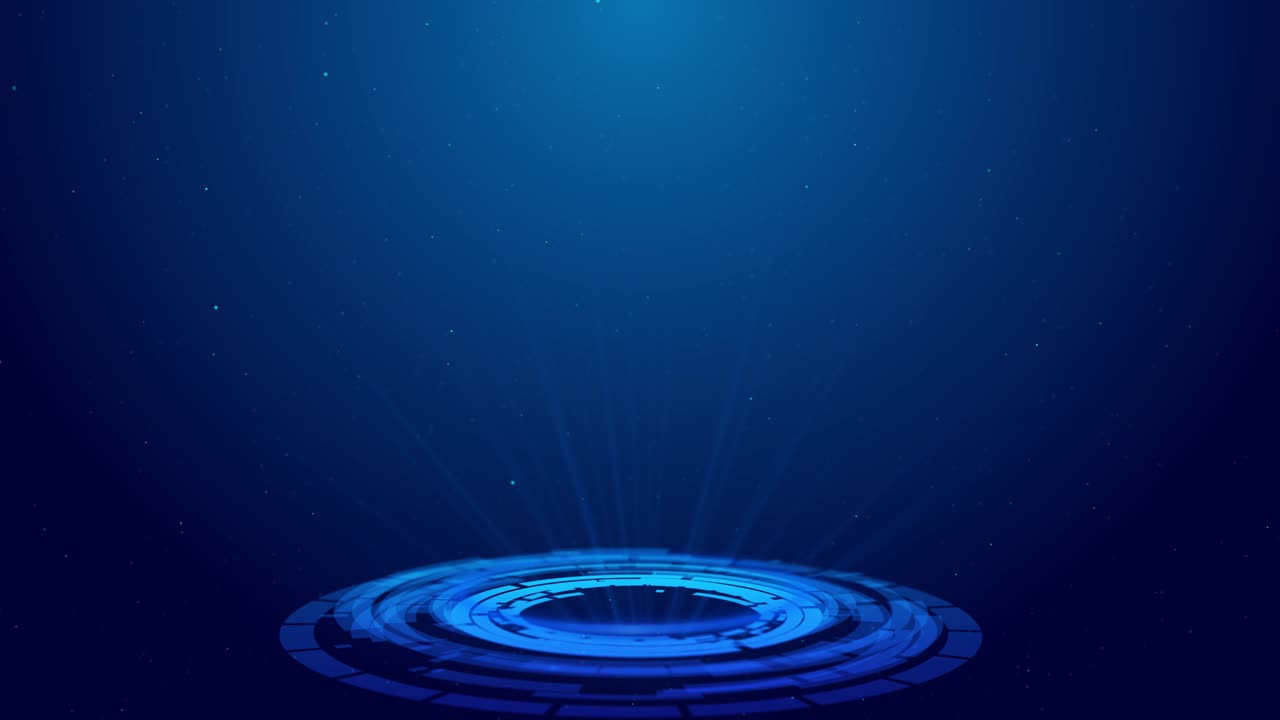 Digital højteknologisk hologramteknologi med blå cirkel lysscene på futuristiske HUD-podiumelementer.