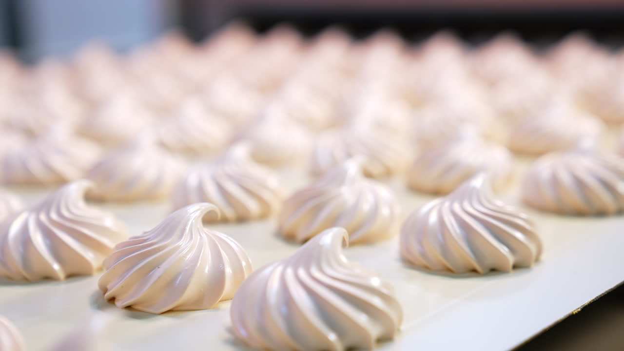 Fresh creamy marshmallows moving along the conveyor belt at the confectionery factory. Close up. Blurred background.