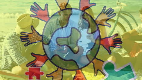 animation of globe with hands logo colorful puzzle pieces over happy playing children