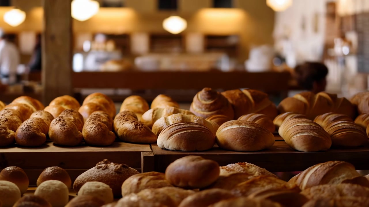Reihen von frisch gebackenem Brot und verschiedenen Backwaren sind auf Holztabletts in einer gemütlichen Bäckerei angeordnet, mit warmen Hängelampen und sanfter Hintergrundunschärfe.