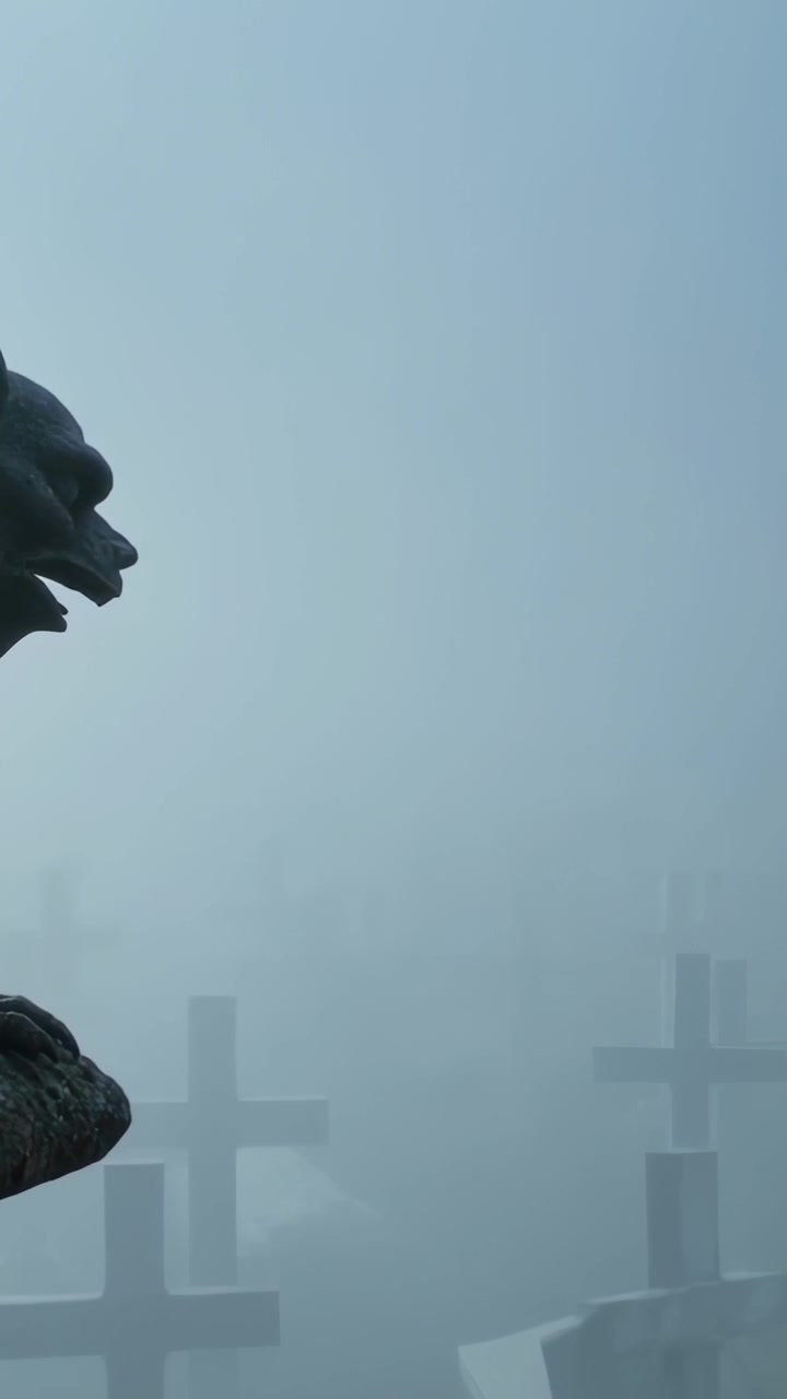 Video verticale: Telecamera panoramica che rivela croci di cimitero nebbiose e mostra un gargoyle a sinistra, spazio per il testo