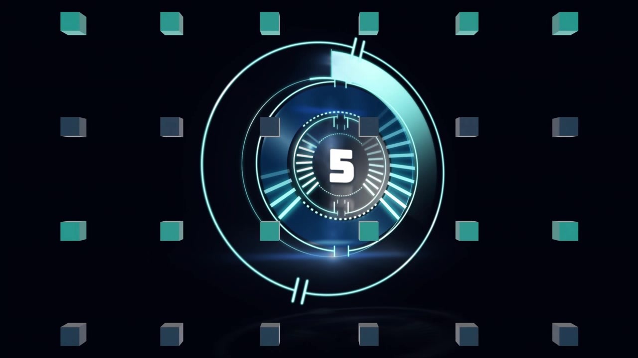 Opening with countdown at ten, UI counting down, rings rotating, 3D cubes shading and signaling end