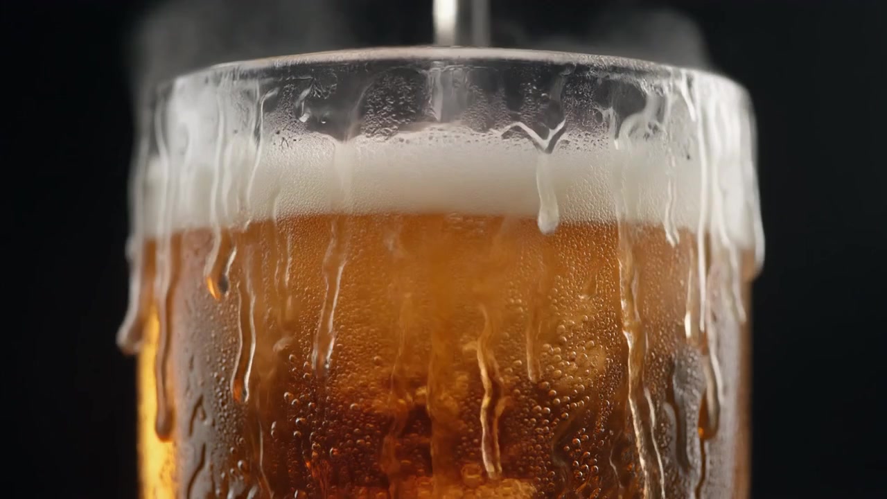 Birra fredda che viene versata in un bicchiere brinato