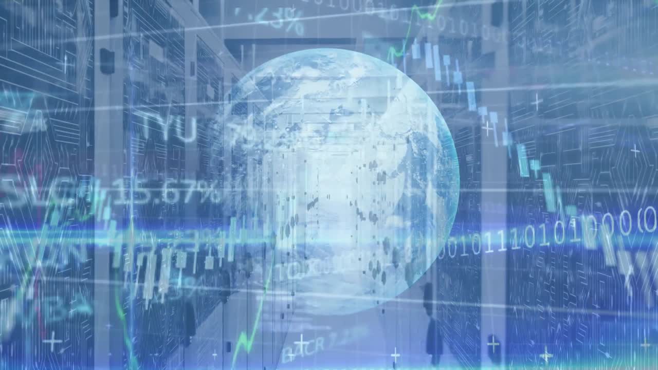 통계와 데이터 처리의 애니메이션과 빈 사무실 위에서 지구가 회전하는 것