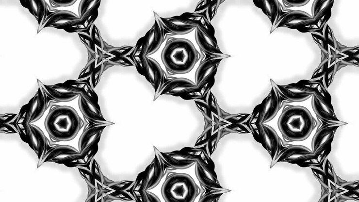 4k seamless looped animation of black and white pattern with ribbons are twisted and formed complex structures like symmetric ornament pattern or kaleidoscopic