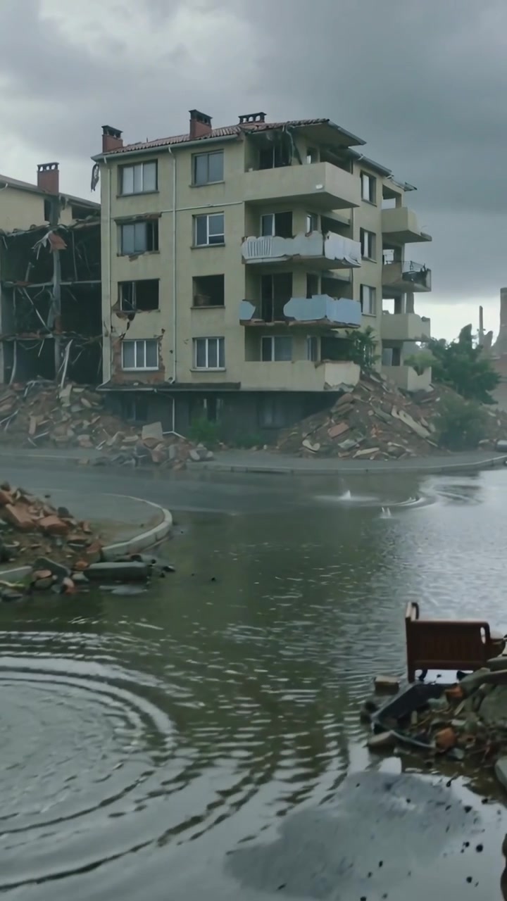 Dikey video: Kaydırma yapan kamera, sular altında kalmış yolda sıçramaların dalgalar yaptığı sırada 4 katlı apartmandaki hasarı filme alıyor.