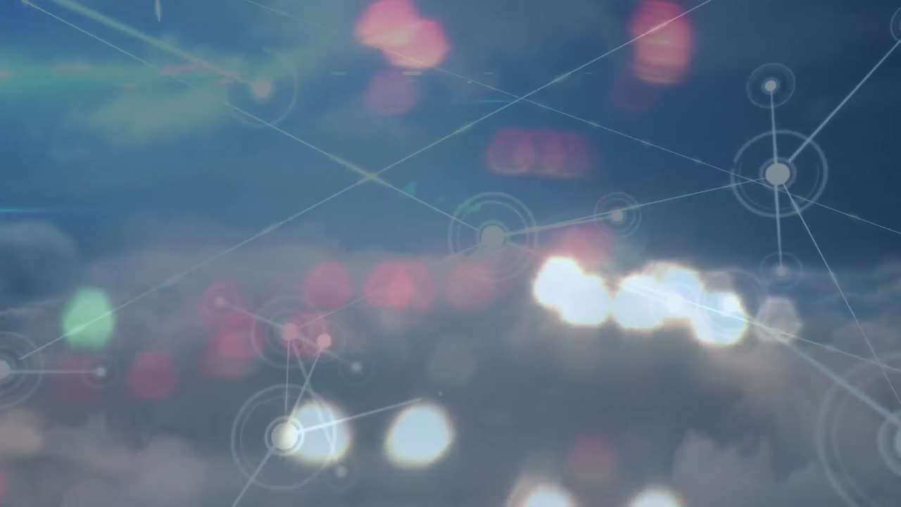 파란 하늘 배경 위에서 밤에 연결 네트워크와 보케 도시 불빛의 애니메이션