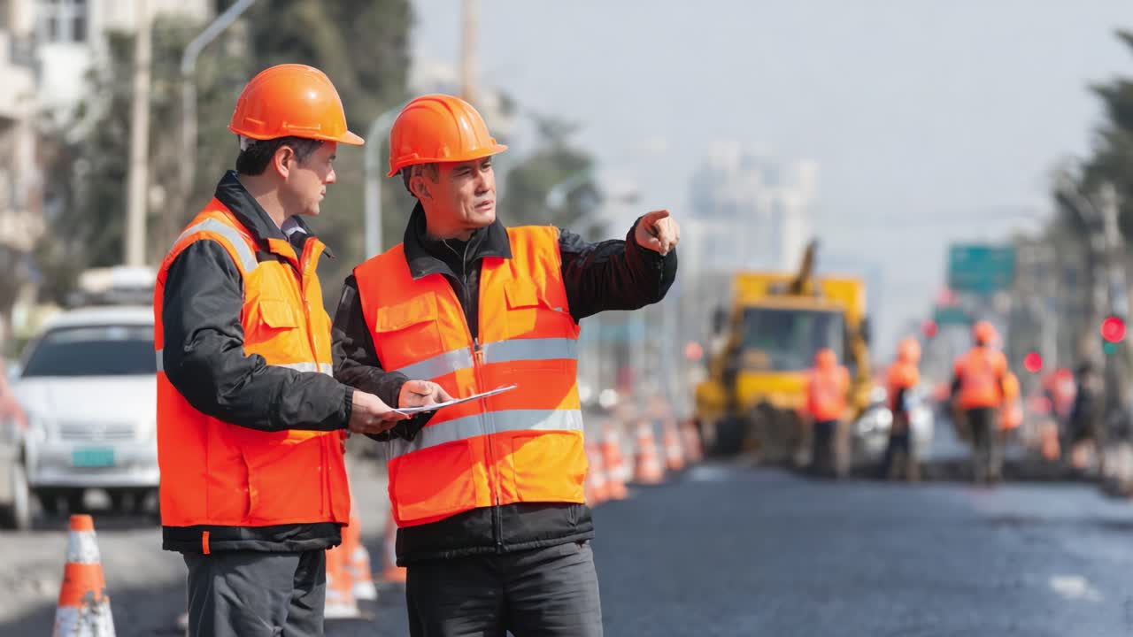 Two construction workers engage in a discussion at a roadwork site, showcasing teamwork and communication as they oversee the ongoing project with safety gear and tools