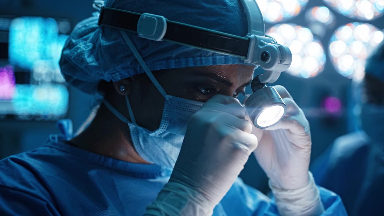 Chirurgo concentrato che opera in un ambiente sterile con luminose luci a soffitto, indossando camice chirurgico, mascherina e lampada frontale, dimostrando una precisa competenza medica.