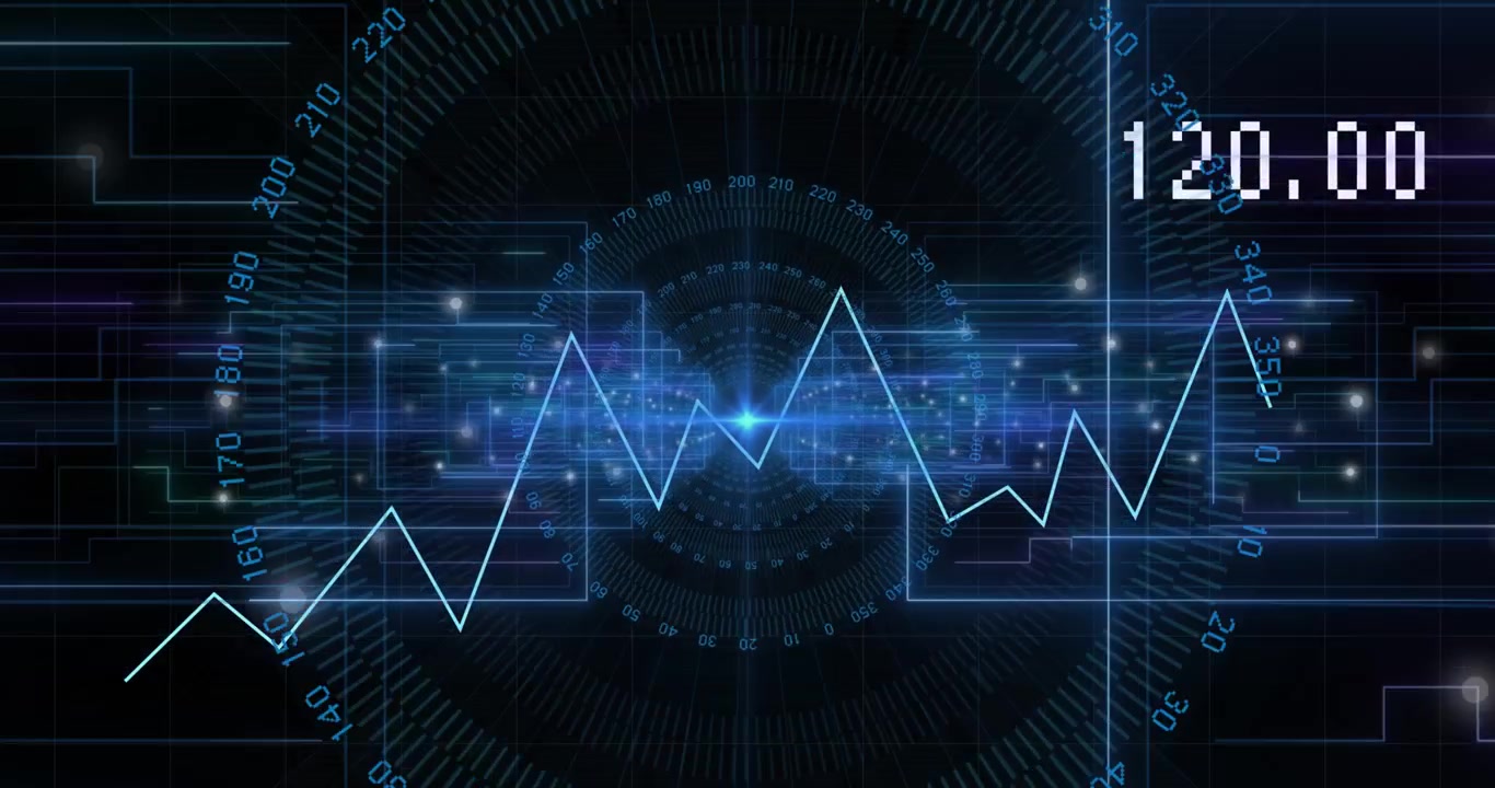 Animation of graphs over lines against numbers around circular tunnel on abstract background