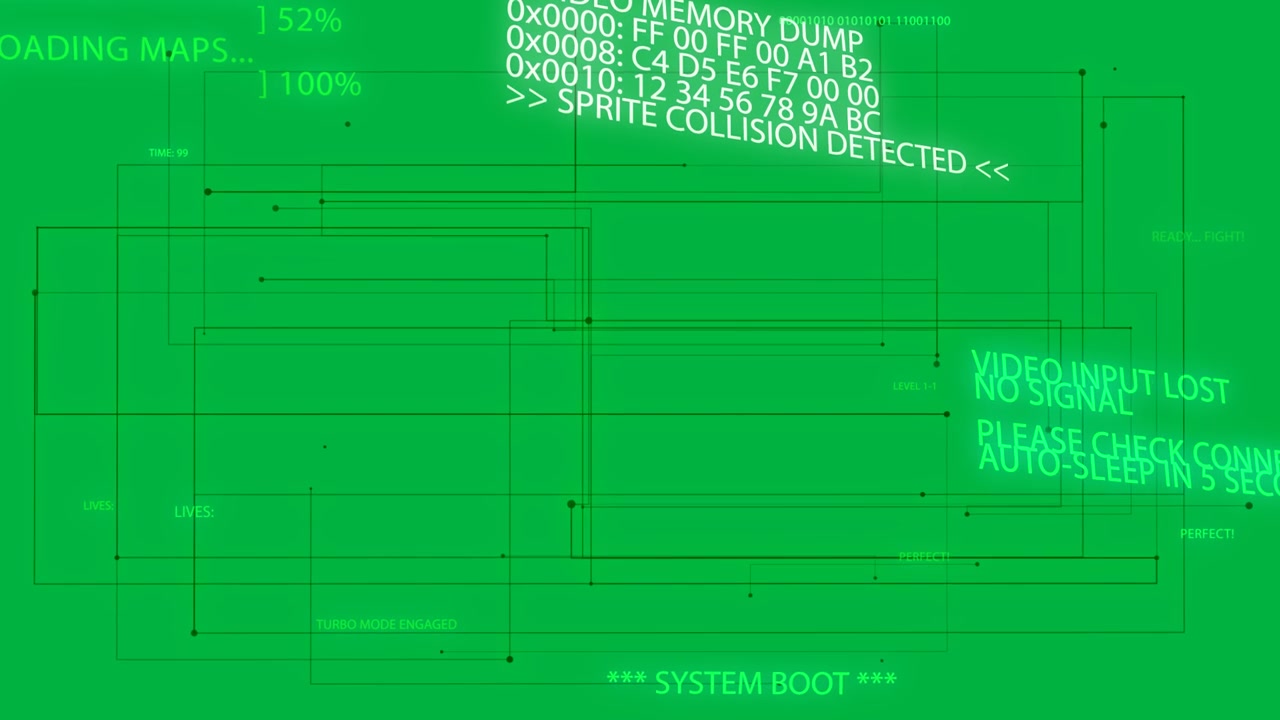 Neon green HUD showing booting, pulsing nodes, drifting glare causing nosignal error on alpha bg