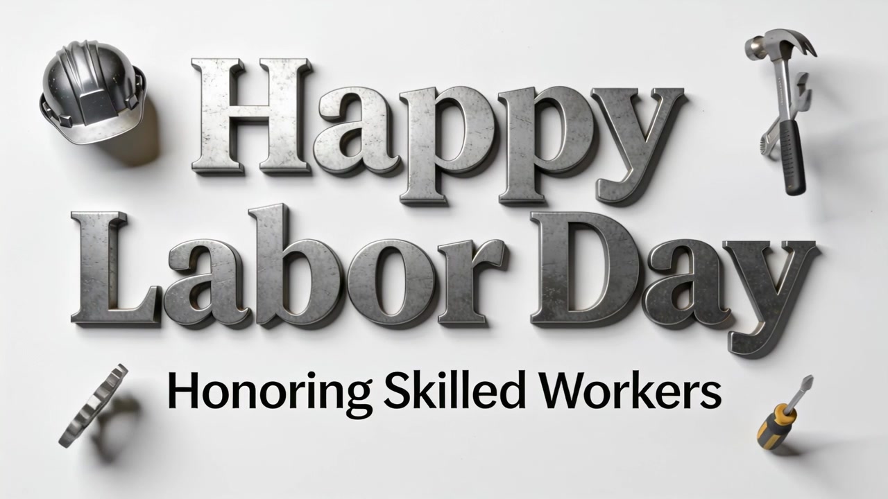 Animating 3D Happy Labor Day headline on gray backdrop fixed while tools tilting honoring workers