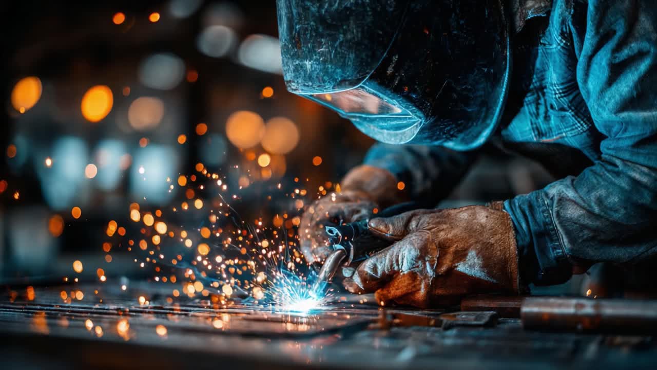A skilled welder focuses intently on a detailed metalwork project, illuminating the workshop with vibrant sparks and showcasing expert craftsmanship in every movement