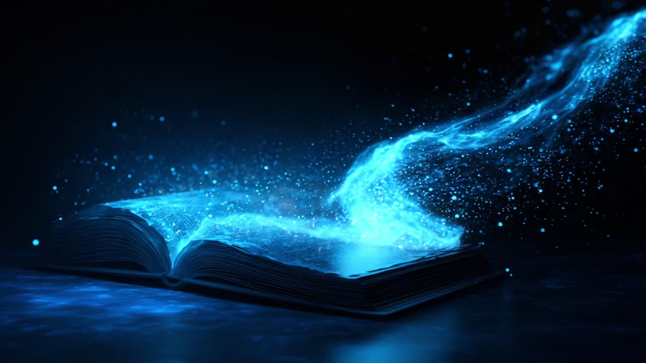 A mesmerizing book emanating ethereal blue light and sparkling particles, capturing the wonder of imagination and creativity in a stunning visual representation of magic and knowledge