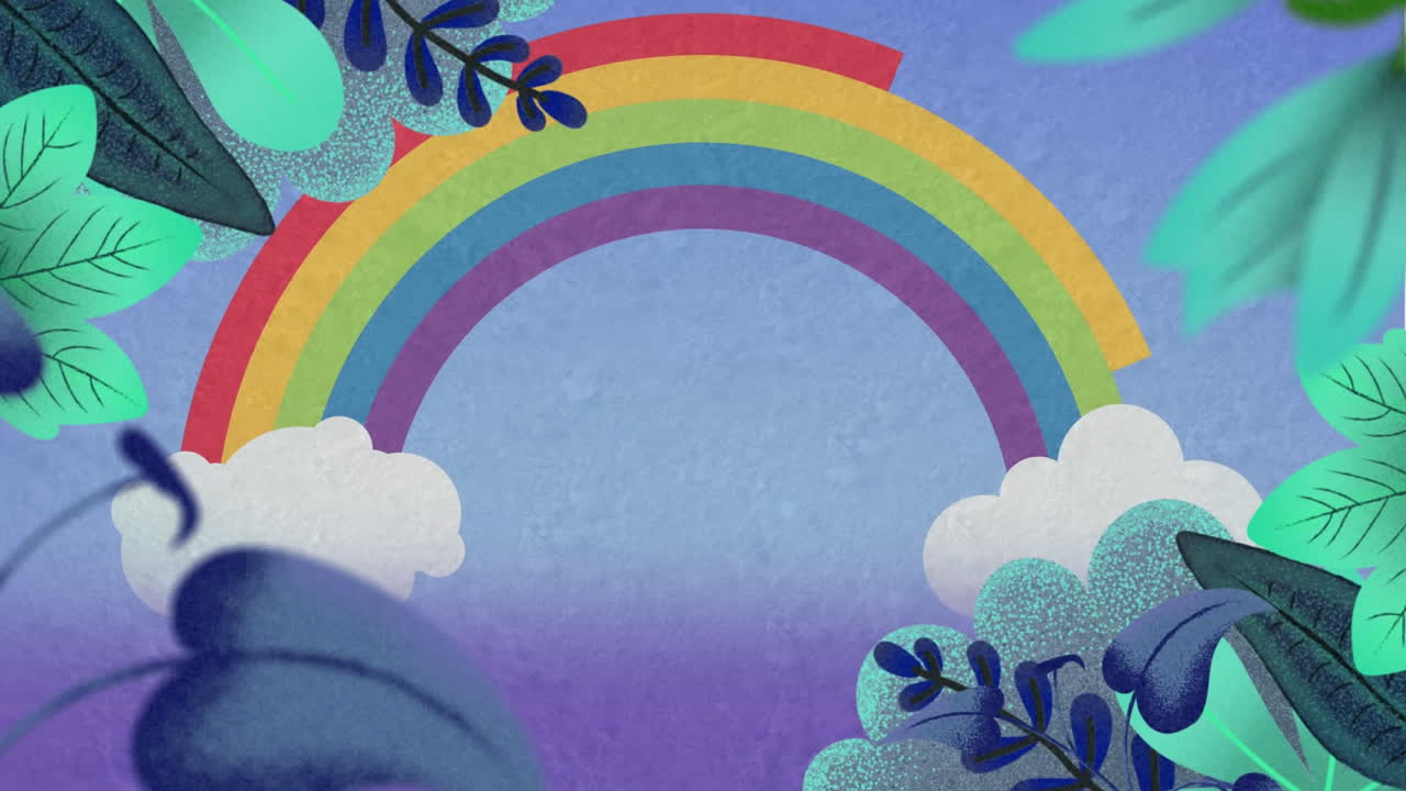 animación de plantas y hojas sobre arco iris sobre fondo azul.