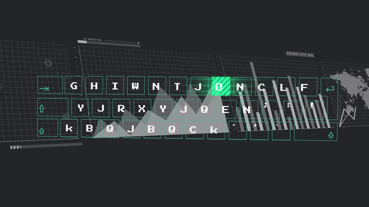Animation of digital interface with random letters and graphs over world map