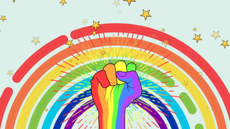 animation of rainbow color raised fist and falling stars over illustrative rainbow