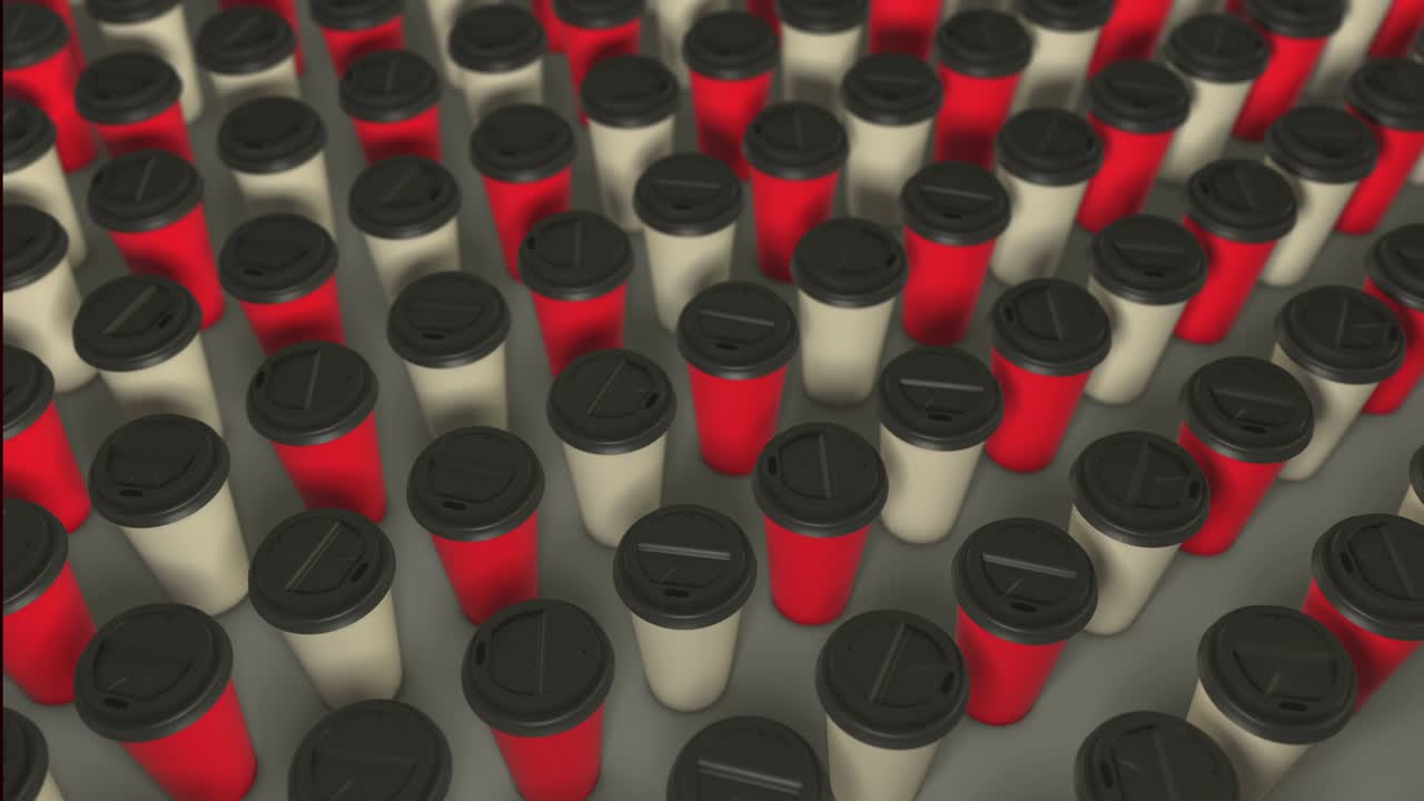 Two colored coffee cups background. 3d abstract render with bright light and shadows. Coffee cups pattern. Loopable animation. Red white