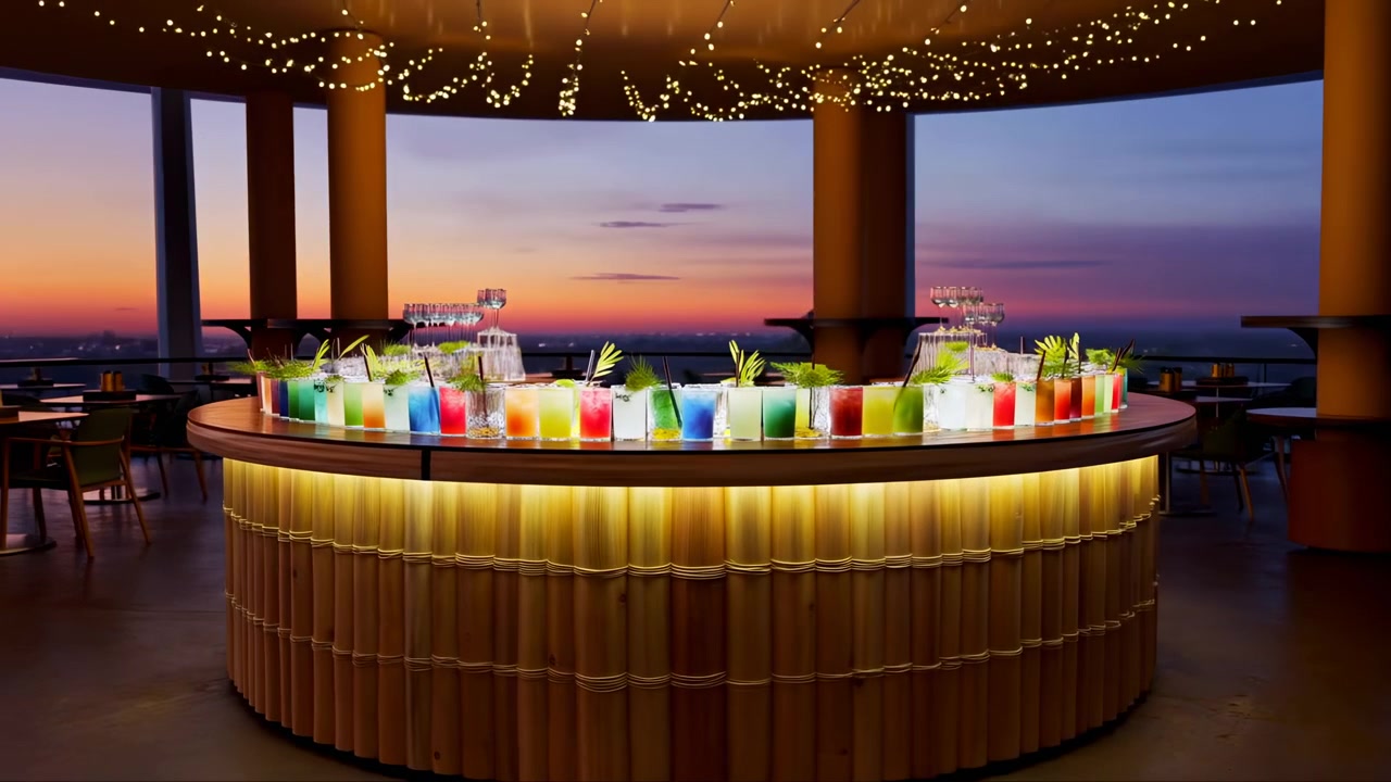 Un accogliente bancone da bar serale con bevande colorate e candele, ambientato in un'atmosfera rilassata e invitante su un bancone da bar in legno con bicchieri, catturato in uno scatto grandangolare fisso con un'illuminazione pulita