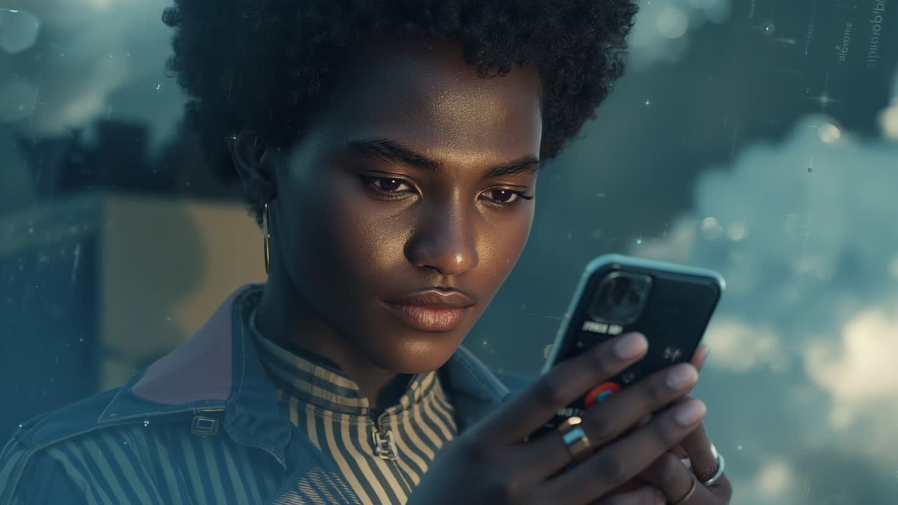 Bringing dual-lens smartphone into view, woman tapping and scrolling to review updates at office