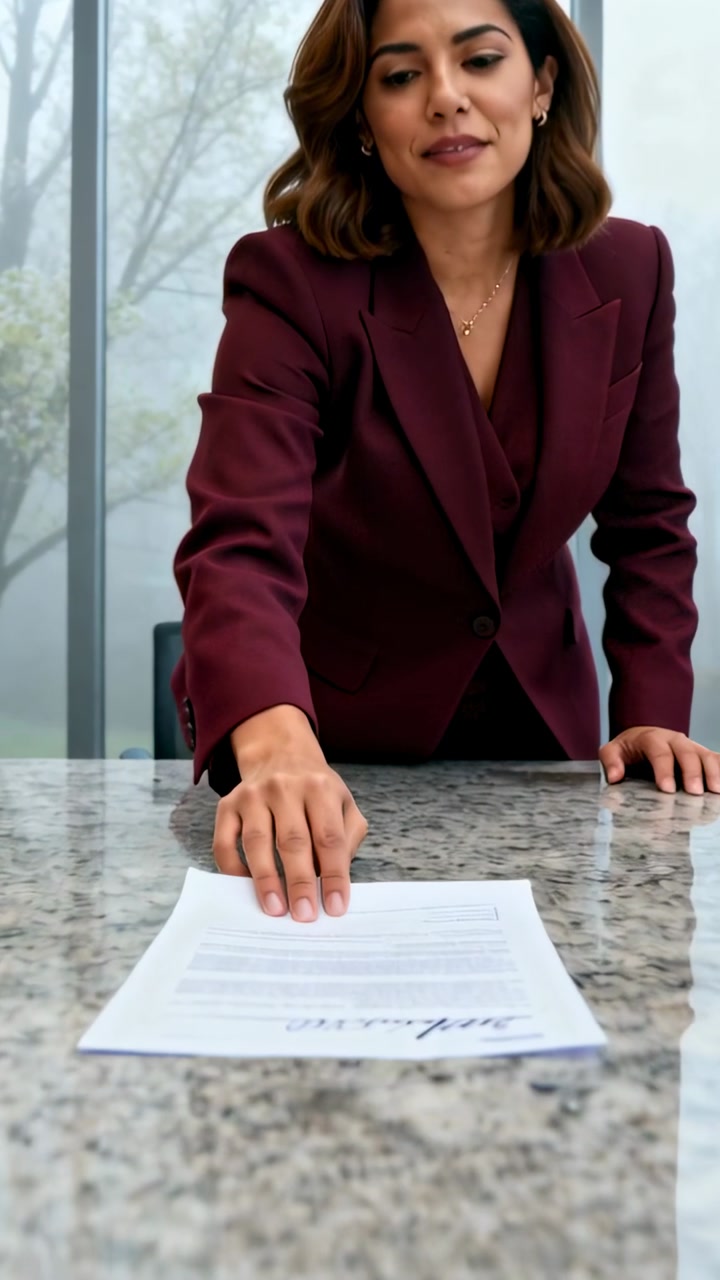 Vertical video: Leaning executive in burgundy suit sliding document on stone table for review
