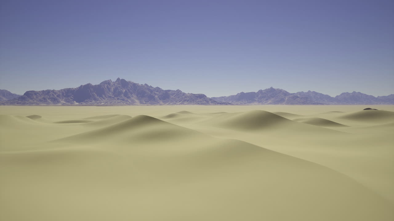 Desert landscape with rolling sand dunes and mountains under clear sky