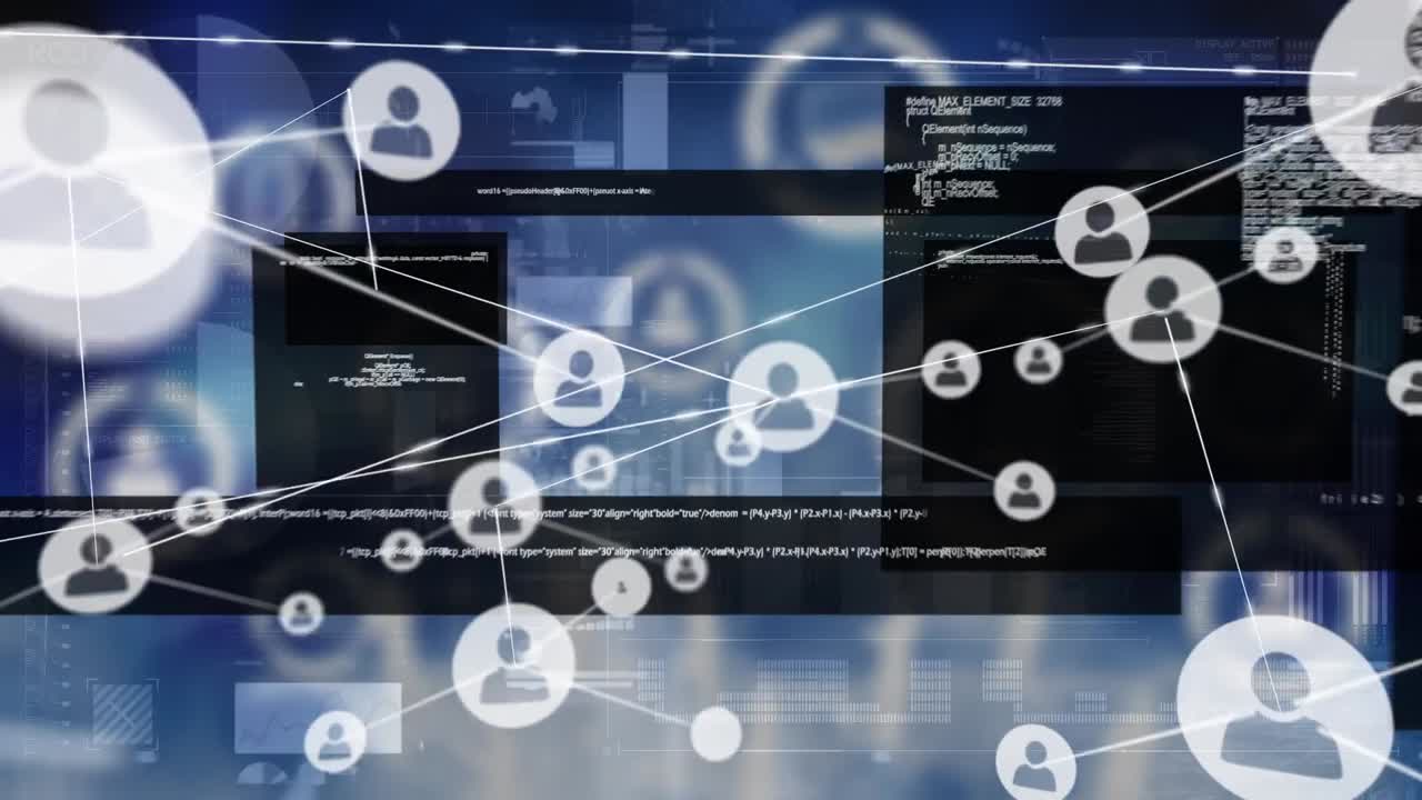 Animation of network of connections with icons over data processing